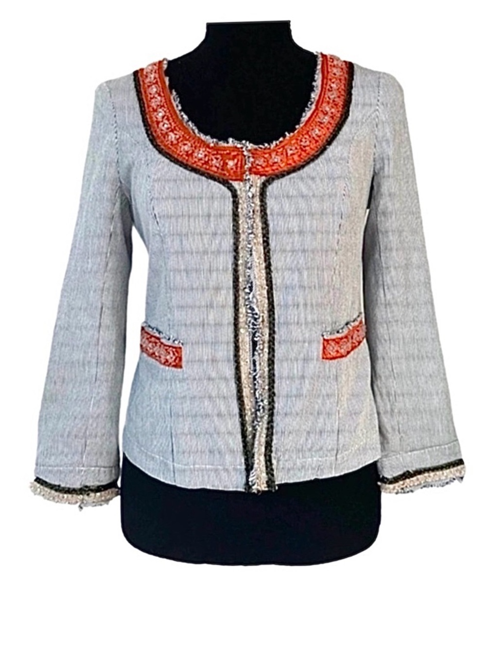 FREE PEOPLE ~ Artisan Gray Jacket w/Red, Black and Ivory Sequins and Beads